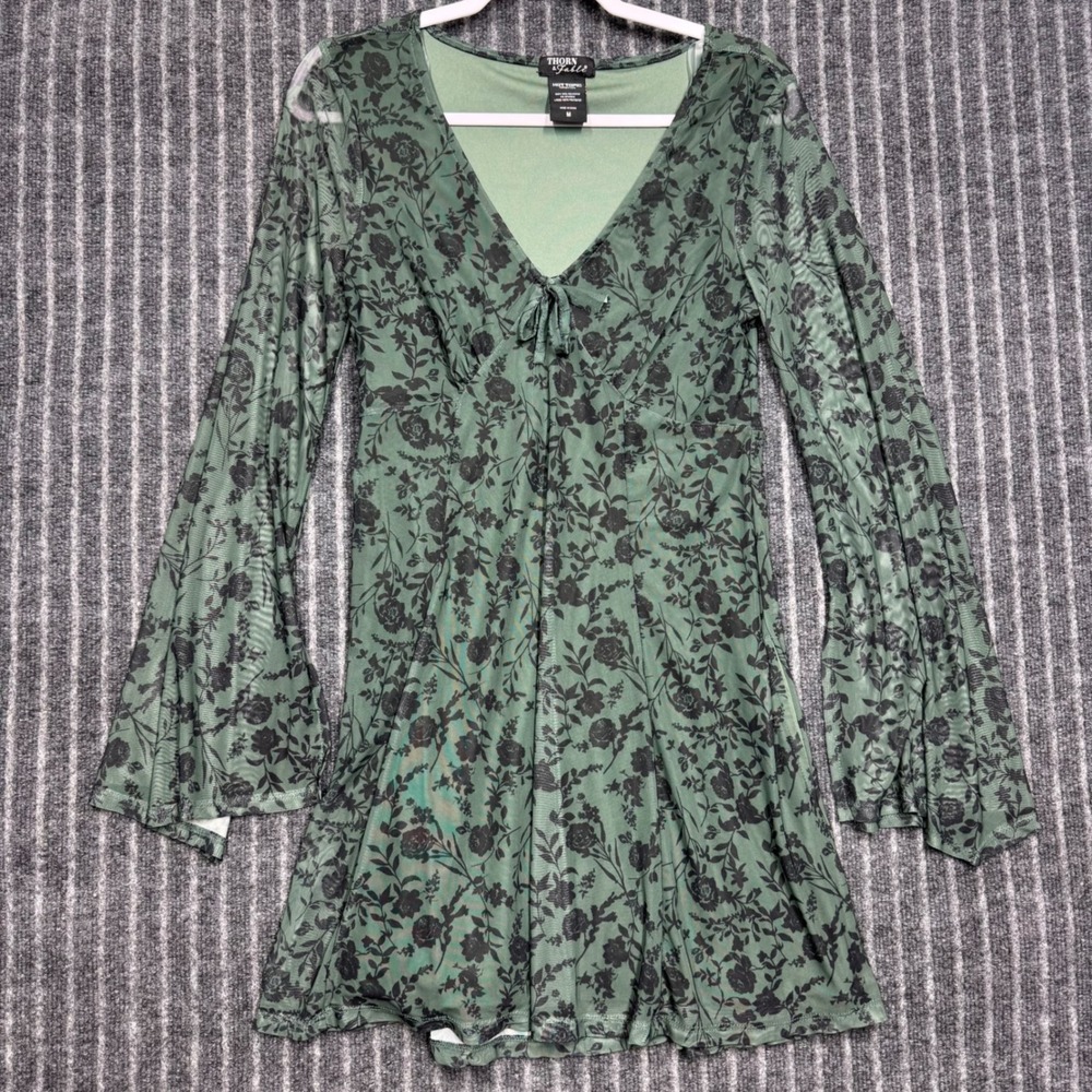Thorn & Fable Women Dress M Green Floral Mesh Bell Sleeve Whimsigoth Hot Topic
